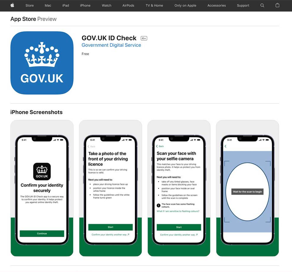 A screenshot from the Apple AppStore showing the GOV.UK ID Check app for iPhone with its branding and crown in the app icon and 4 illustrations of sample screens.
