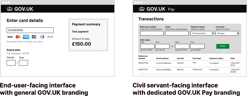Two screenshots of software interfaces with GOV.UK branding. On the left is a form asking for credit card details for a payment of £150, an end-user-facing interface with general GOV.UK branding.

On the right is a more detailed multi-field search dialogue with various fields and a table list below, a civil service-facing interface with dedicated GOV.UK Pay branding 