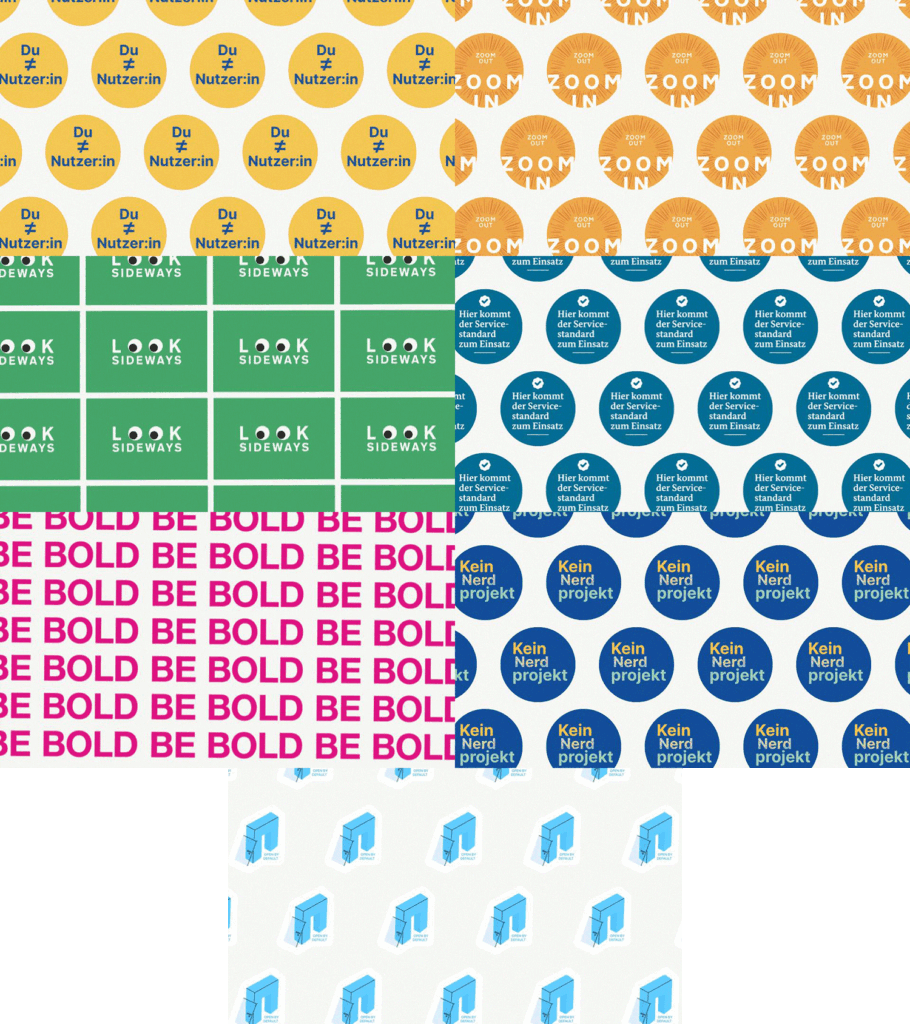 Collage of English and German stickers: You are not the user, Zoom out – zoom in, Look sideways, The  Service Standard is applied here, Be bold, No nerd project, Open by default