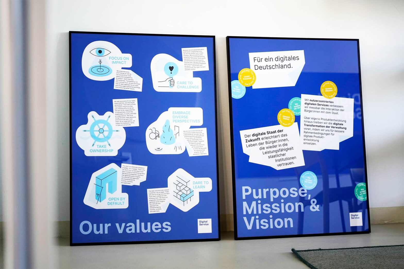 Two framed posters leaning against a white wall – one says: ‘Our values’, the other says: ‘Purpose, mission, vision’; both posters contain illustrations and short paragraphs of text