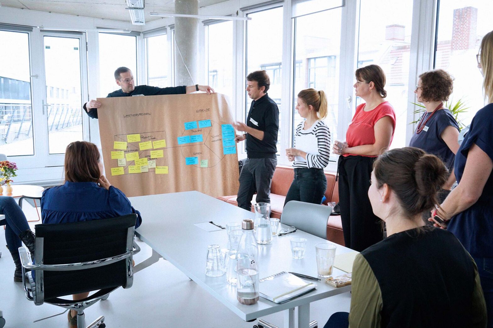 Almost a dozen people in a well-lit modern workshop space – with 2 men in the centre holding a large sheet everyone is looking at – it contains various yellow and blue sticky notes with the headings ‘value proposition’ and ‘users’