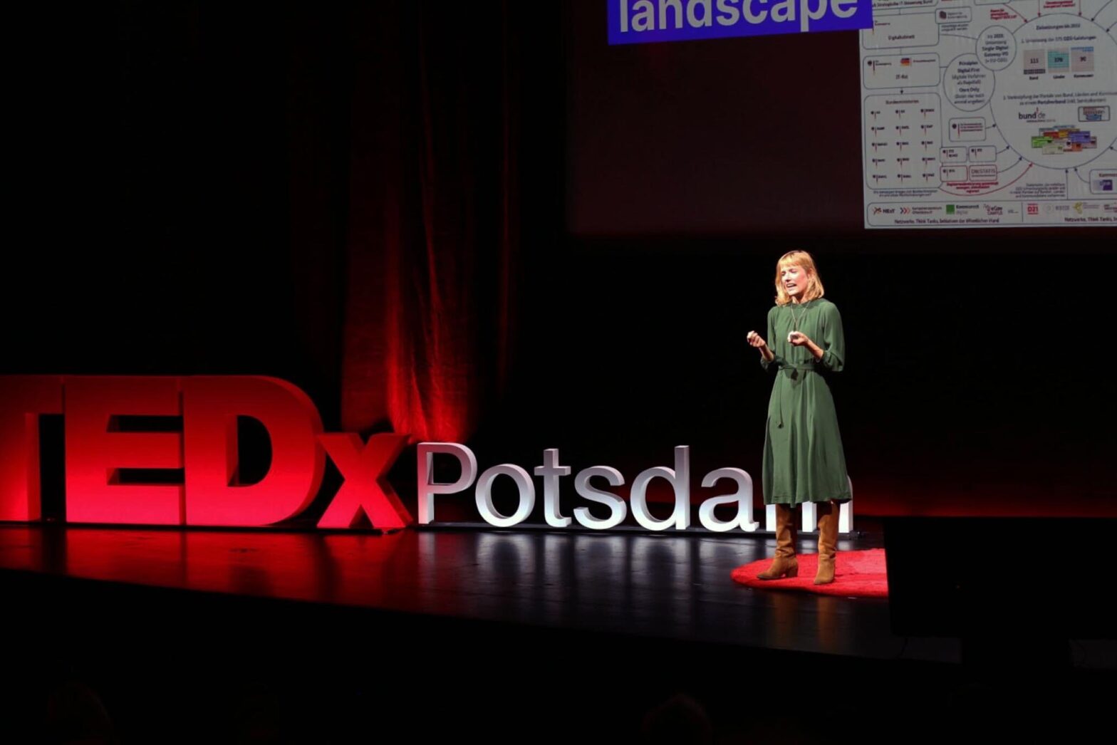 A white woman with ginger hair in a minimal green dress and brown leather boots standing on an all-black stage on a red circular rug – next to her are the letters TEDx standing as red letters, behind her is a projected slide