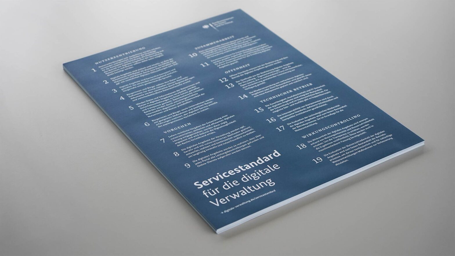 A pile of blue posters on a clean light grey surface – posters contain 19 numbered paragraphs and the headline: Service standard for the digital administration – in German