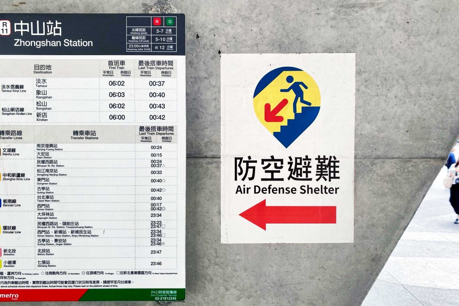 A small poster stuck to a wall next to a train sign, the poster depicts an arrow and pictogram showing the way to an air defence shelter