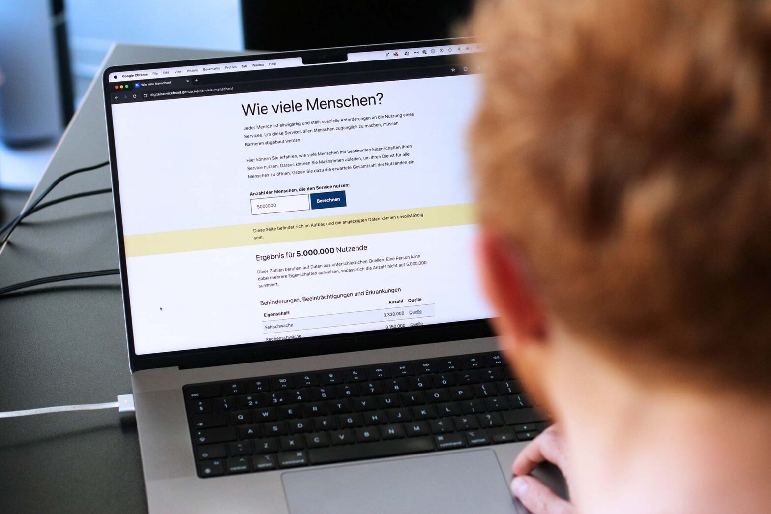 A person with short ginger hair in front of a laptop computer showing a website headlined ‘How many people?’ in German; listing disability and impairments stats for 5 million users