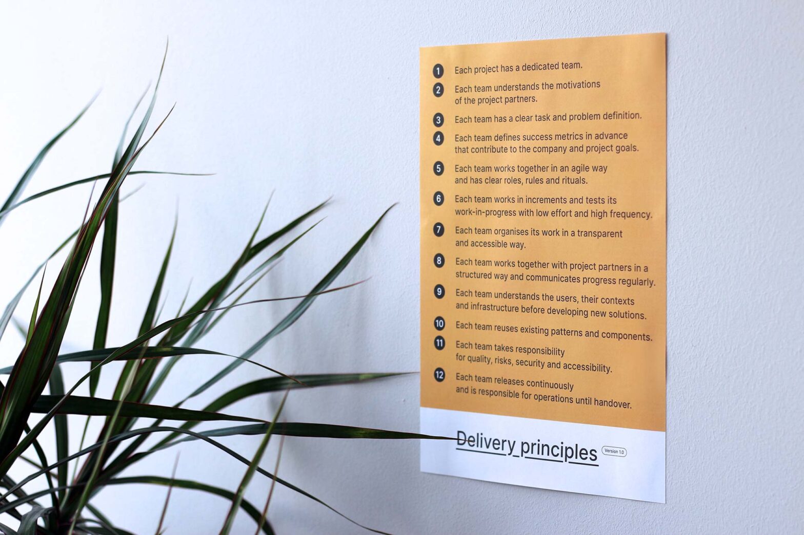 An orange poster on a wall with 12 delivery principles
