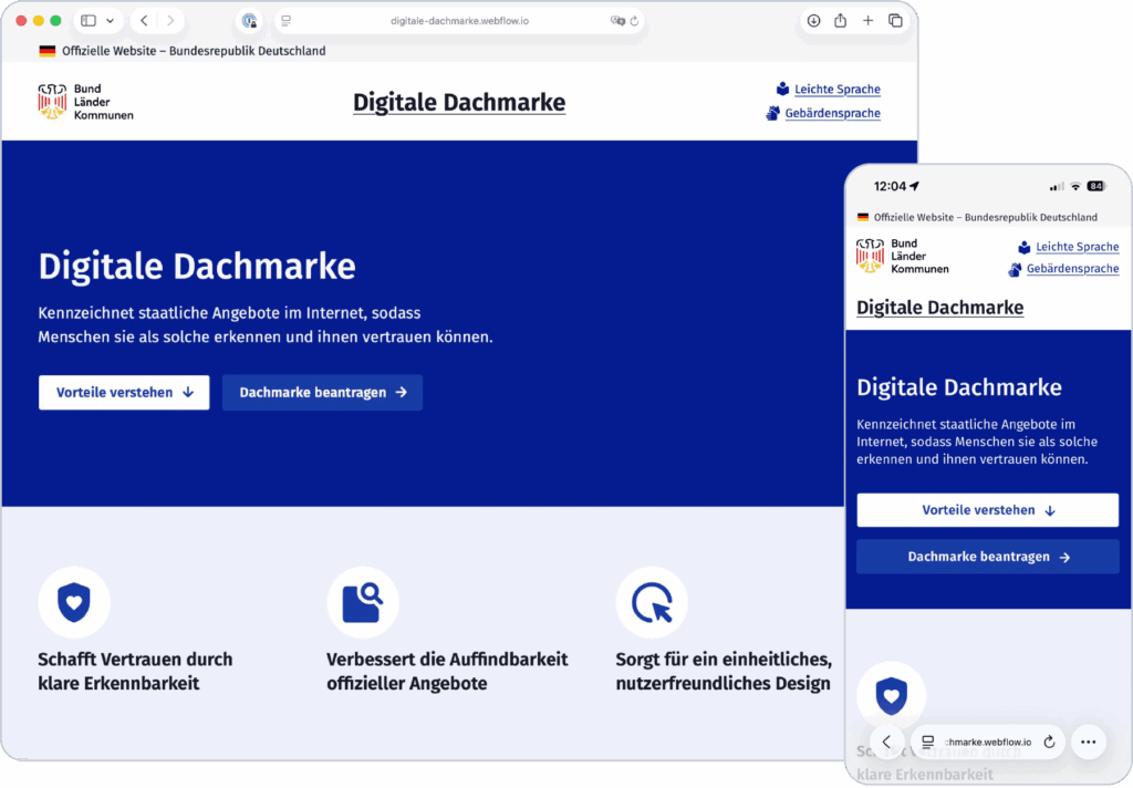2 screenshots of the same website displayed in a desktop and mobile web browser with the black-red-gold eagle logo and a headline saying “digital umbrella brand”