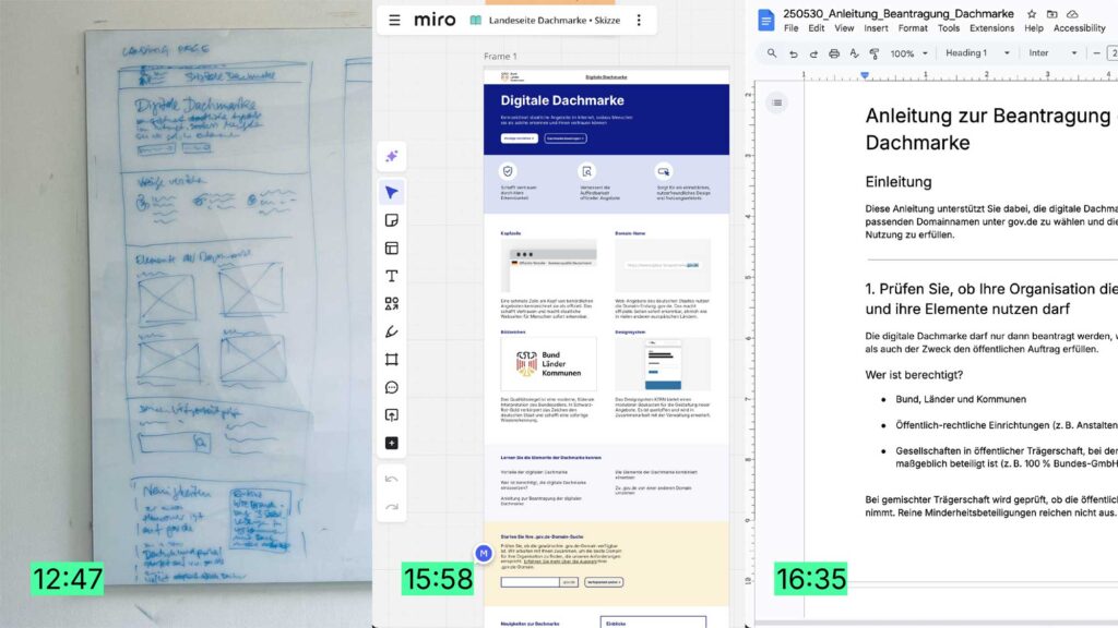 A 3-part composition with time stamps: A whiteboard-marker sketch of a website from 12:47, a draft on a virtual Miro board from 15:58, and Google doc text document from 16:36.